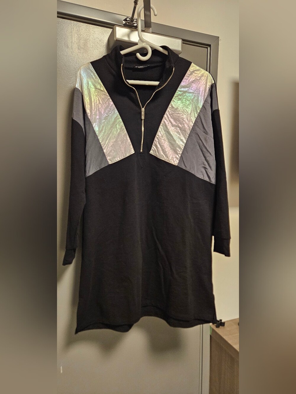 Girls Black Pullover Hoodie Dress with Iridescent Silver Panels